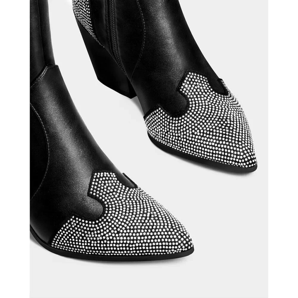 Women's Black Over The Knee Rhinestone Pointed Toe Chunky Heels Zipper Boots